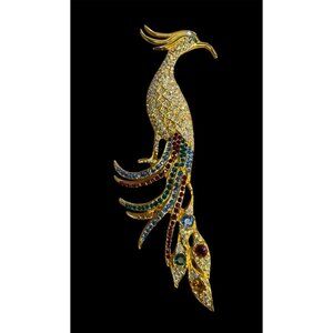 Taka Gold-Tone Rhinestone Phoenix Bird Brooch Pin Multicolor Crystals Costume 6